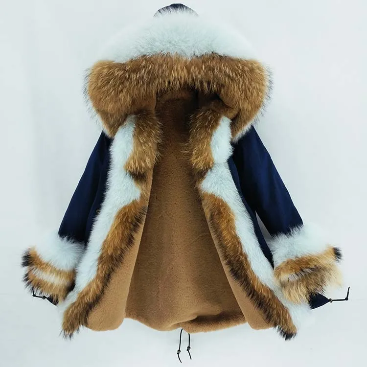 Зимняя женская куртка из натурального меха енота, воротник из лисьего меха, капюшон с манжетами, Толстая теплая верхняя одежда, новая длинная парка, пальто из натурального меха - Цвет: blue 2