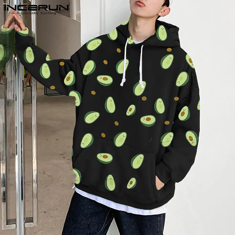 INCERUN Personality Avocado Printed Hooded Men Long Sleeve Big Pockets Pullover Small Fresh Youth Mens Hoodies Sweatshirt Jogger