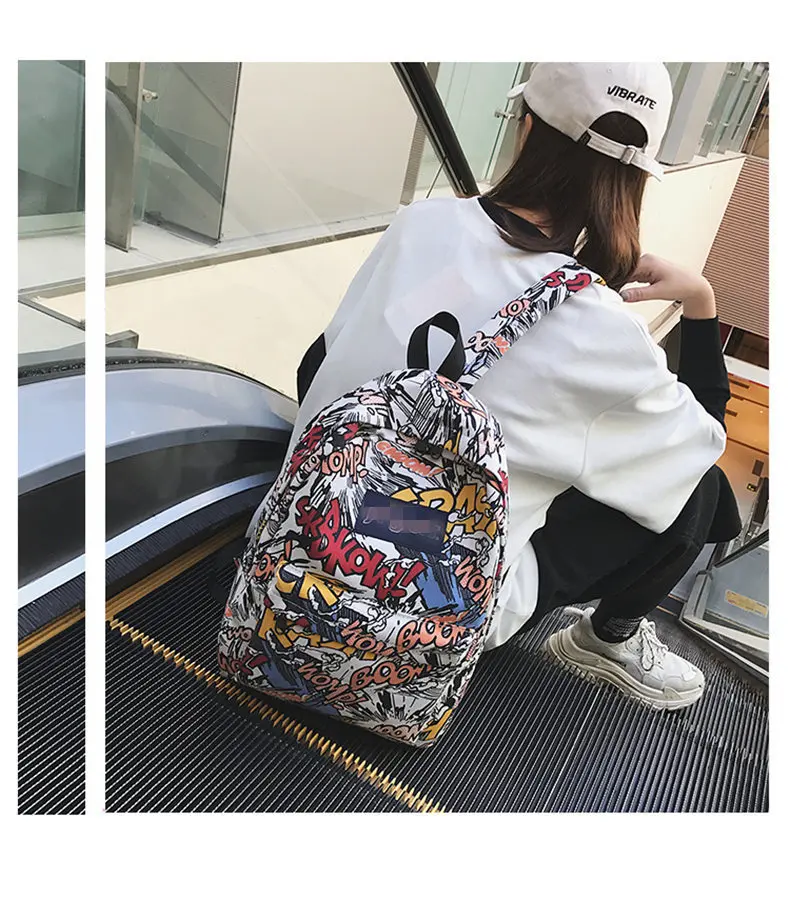 New backpack female cartoon alphabet doodle personality wild backpack men and women shoulder bag mochila