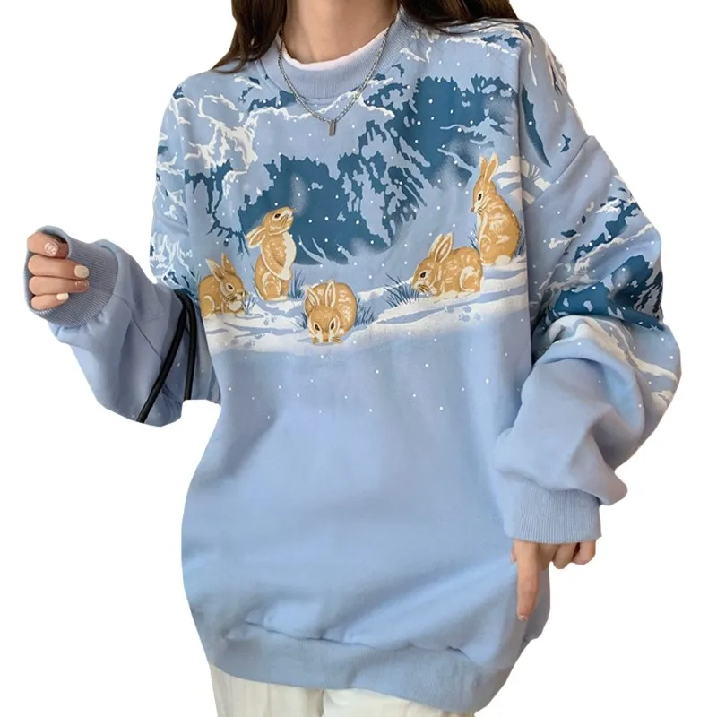 

2021 Spring Autumn Casual Clothes Women Thin Snowflakes Blue Sweatshirt Print Harajuku Snow Mountain Yutu Family Pullover Female