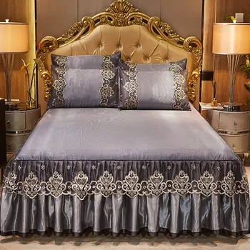 

Europe Luxury Summer Ice Silk Bedspread King Queen Lace Cool Sleeping Bed Cover Folding Fitted Sheet with Pillow Shams Bedding