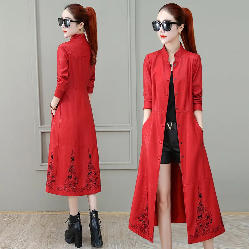 

Ethnic-Style Embroidered Long over-the-Knee Leather Coat Coat Women Windbreaker Autumn & Winter Fashion Elegant Slim Fit Stand C