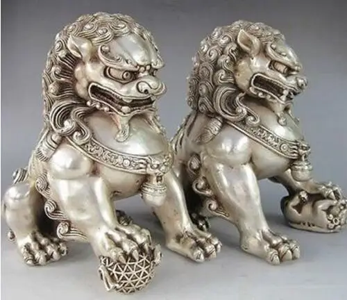 

12*12cm Chinese Silver Guardian Lion Foo Fu Dog Statue++++Free Shipping