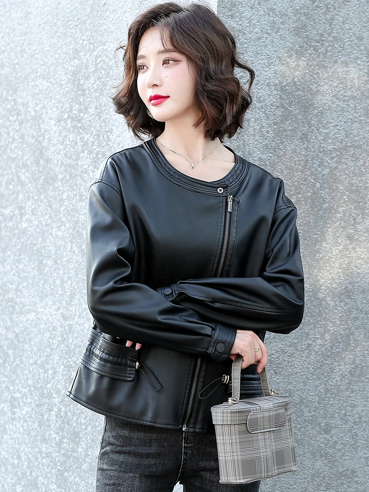 New Women Biker Leather Jacket Spring Autumn 2024 Fashion Design O-Neck Solid Color Zipper All-match Loose Short Sheepskin Coat