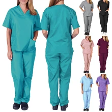 Unisex Scrub Suits Solid Color Uniform Nurse Woman Medical Suit Beauty Salon Hospital Doctor V-neck Pocket Groomer Workwear