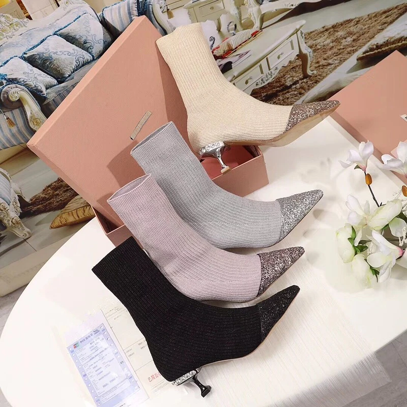 

Luxury Brand Crystal Heels Women Ankle Boots Fashion Knitted Socks Chelsea Boots Pointed Toe Slip On Party Dress Shoes Woman