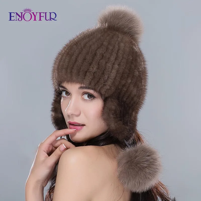 Женская шапка бини с ушами ENJOYFUR, теплая вязаная шапка из натурального меха норки с меховым помпоном на зиму