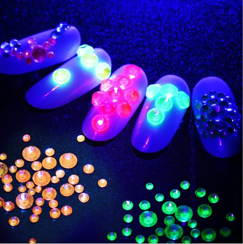 All Size Glass Noctilucent Fluorescence Crystal Neon Non Hot Fix Rhinestones FlatBack Strass Fabric Garment Nail Art Decorations