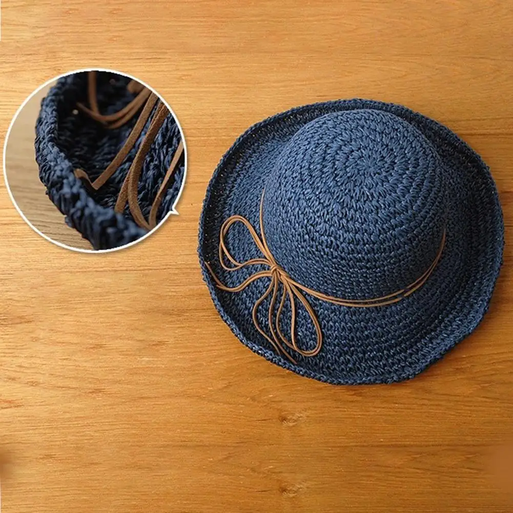 Studyset Summer straw weaving Braided UV Protection Bow Knot Beach Hat Foldable Bucket Cap crocheting