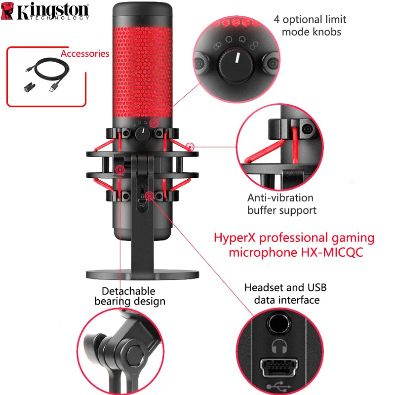  Kingston HyperX QuadCast Gaming Microfone Professional Computer Microphone Live Migrofono Detachabl