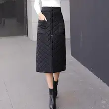 Пуховая хлопковая юбка, женская зимняя, размера плюс, длинные юбки, утолщенная, теплая, однобортная, с высокой талией, с карманами, Разложенная юбка DC88