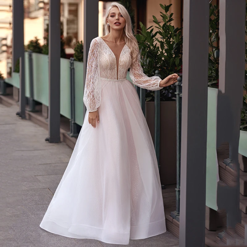 

V-Neck Long Sleeve Sequined Applique Lace Zipper Shiny Layer Tulle A-Line Wedding Dress 2022 Vestido De Noiva Bridal Gown