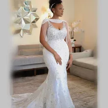 

African Mermaid Wedding Dresses With Shrug Tassels Sequins V Neck Beading Lace Bridal Gown Vestidos De Novia Robe Mariage