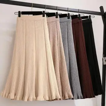 

Vintage Knitted Skirts Womens Saia Casual High Street Pleated Skirt Female Elegant Faldas Solid New Fashion Ladies Skirts Q3159
