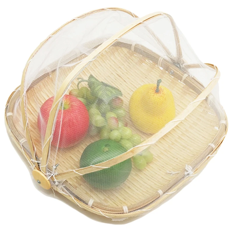 

Quality Hand-Knitted Food Tent Basket Dustproof Picnic Basket With Gauze Fruit And Vegetable Bread Covered Tray To Prevent Mos