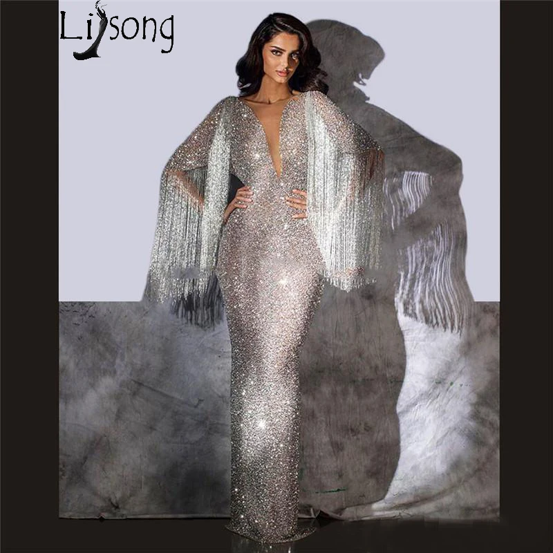 

Tassel Beaded Evening Dresses Silver Glitter Sequins Pageant Party Gown 2019 Robe De Soiree Arabic Dubai Turkish Long Prom Dress