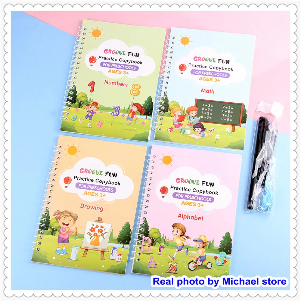 4pcs Grooved Handwriting Book, Letter Tracing for Kids Ages 5-6 Grooved Writing Books for Kids Age 6-8 Handwriting Aid