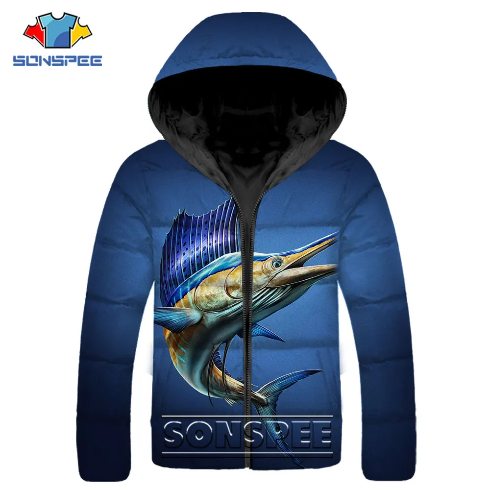 Sailfish Fishing Casual Parkas 3D Print Deep Sea Creatures Coat Winter Men Women Fashion Zipper Hooded Warm Thick Puffer Jacket
