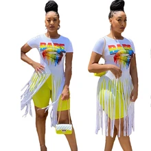 

New Fashion Ladies Printed Tassel Short Sleeve T Shirt Trend Tops Holiday Dress Summer Suit Костюм Летний Женские Wtr022