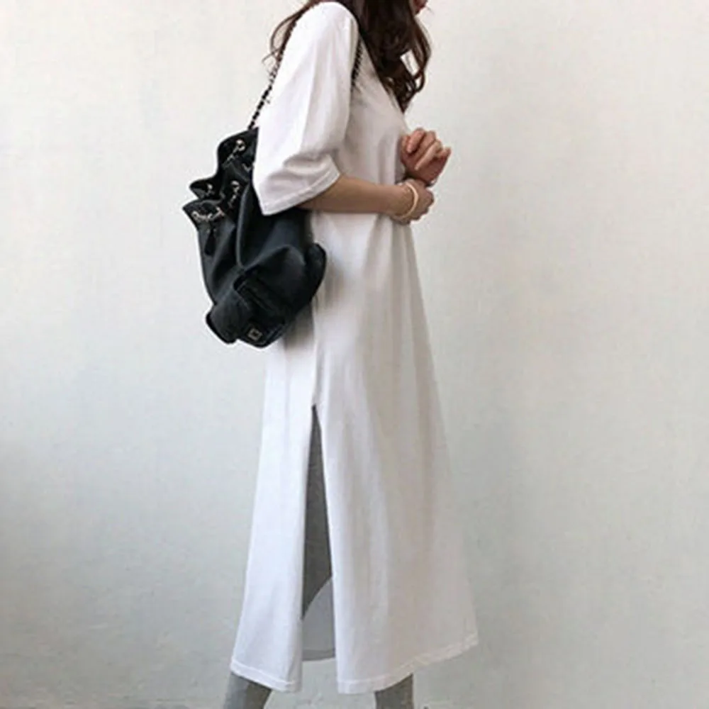 

Japan Women Dress Simple Daily Streetwear Pure White Casual Loose Dress Split Round Neck Mid-Calf Pullover Straight Dresses