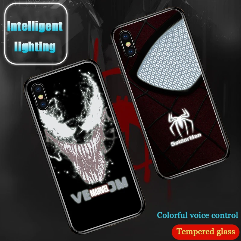 Marvel Spiderman venom Intelligent induction Illuminated phone case For iPhone 6 S 7 8 Plus X XS 10 11 Pro MAX XR Glitter Cover |