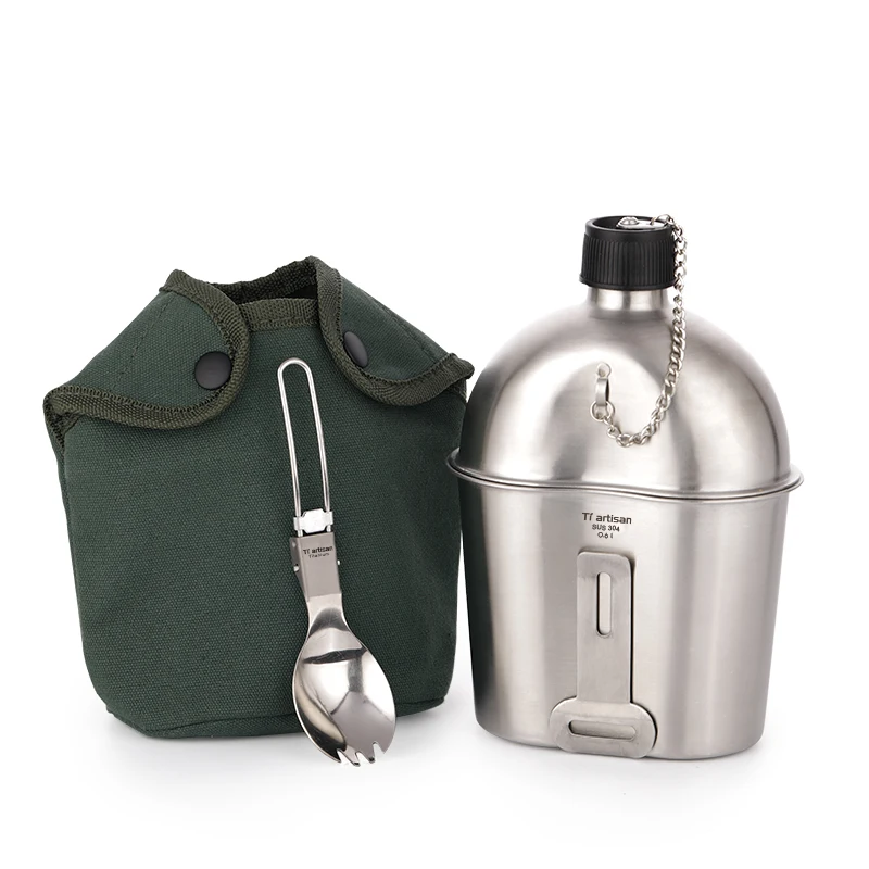 Household us Stainless Steel Army Water Cup Military Canteen Cup Hiking Arm Kettle/Bottle and Spork set with Green Nylon Cover