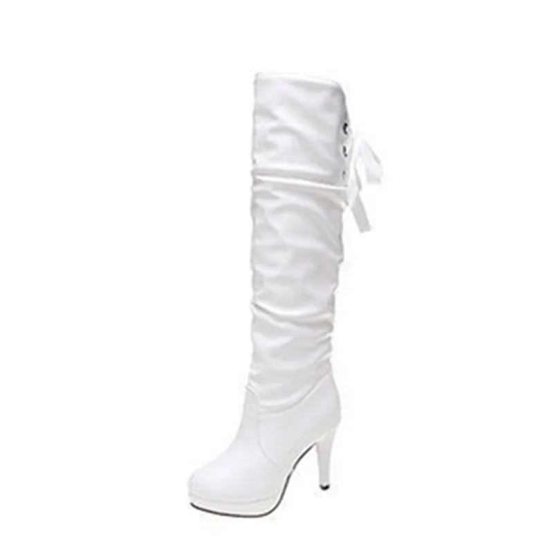 Botas por encima de la rodilla de tacón alto de aguja para mujer, Botas Largas de terciopelo para invierno, color blanco