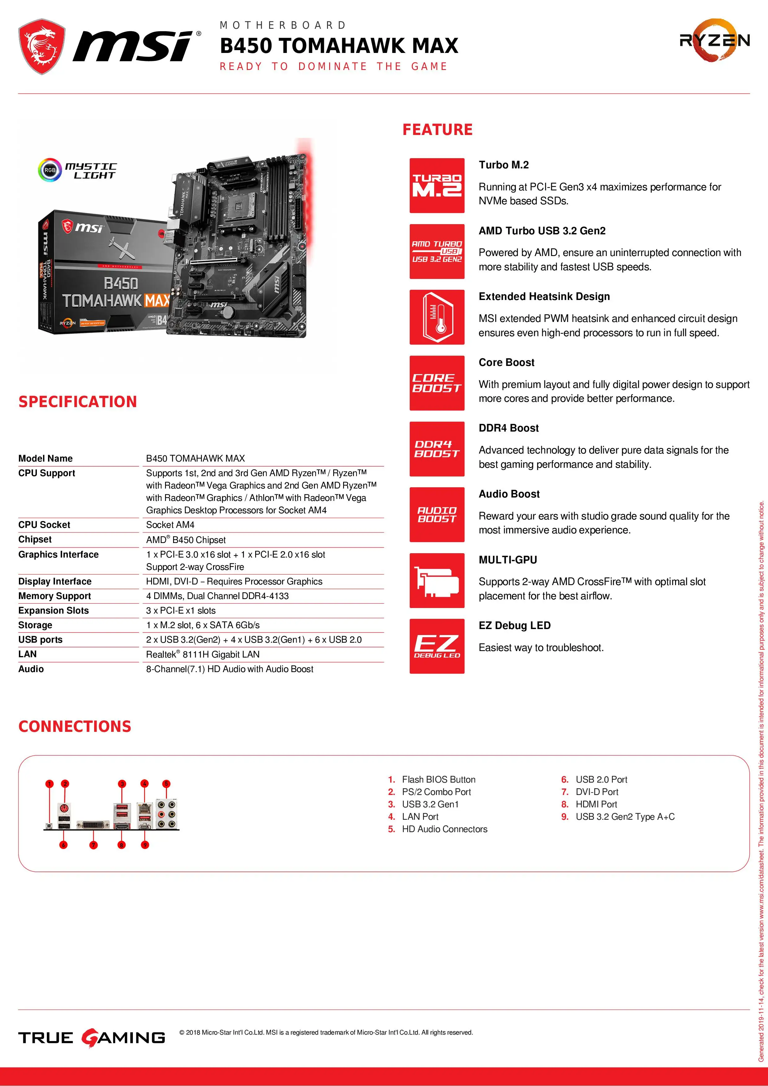 Материнская плата MSI b450 tomahawk max amd ryzen 3rd cpu am4 gaming M.2 USB 3 1 4xDDR4 Crossfire ATX новая