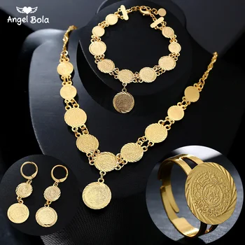 

Classic Fashion Bride Muslim Coin Necklace Earring Ring Bracelet Gold Color Sets for Women Middle East Arab Wedding Jewelry Gift