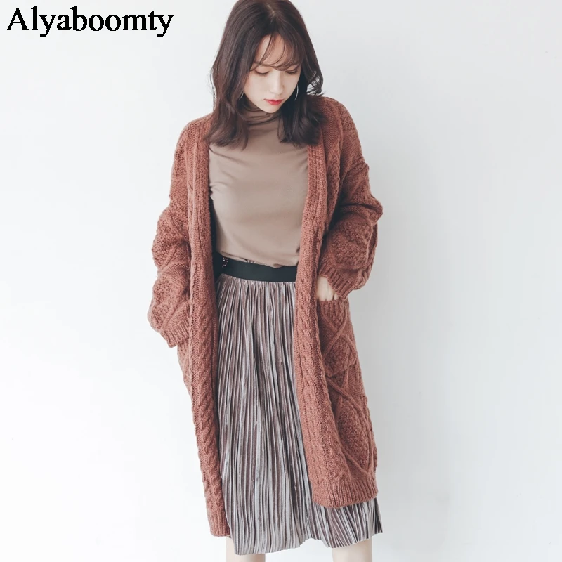 Корейский Ulzzang осень зима для женщин утепленная верхняя одежда негабаритных повседневное свободные карманы длинный свитер Винтаж теплый элегантный кардиган - Цвет: As The Photo