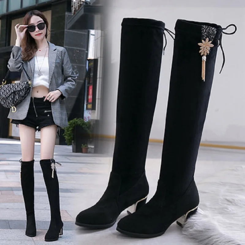 2019 winter new women's fashion boots wild and comfortable suede high tube stretch knee over round thick heel women boots