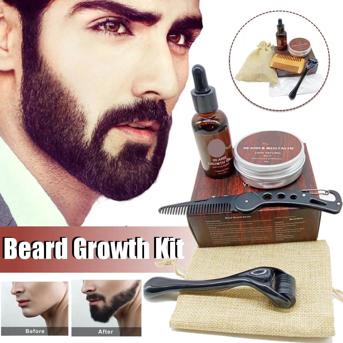 Beard Growth Kit Barber Hair Growth Enhancer Set Beard Nourishing