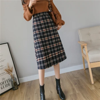 

Vintage Plaid Long Midi Skirts Women Harajuku A-Line Office Lady Wool Skirts Autumn Winter Plus Size Zipper Slim Elegant W361