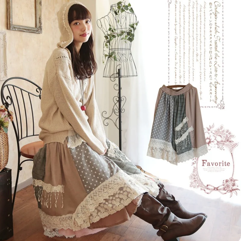 

Spring Mori Girl Vintage Plaid Lace Applique Skirt Women Cute Lolita Style Patchwork All Match Female Kawaii Skirts A310