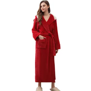 

Long Sleeve Daily Thickened Autumn Winter V Neck Dressing Gown Waist Tie With Pocket Ladies Elegant Women Robe Home Warm Hooded