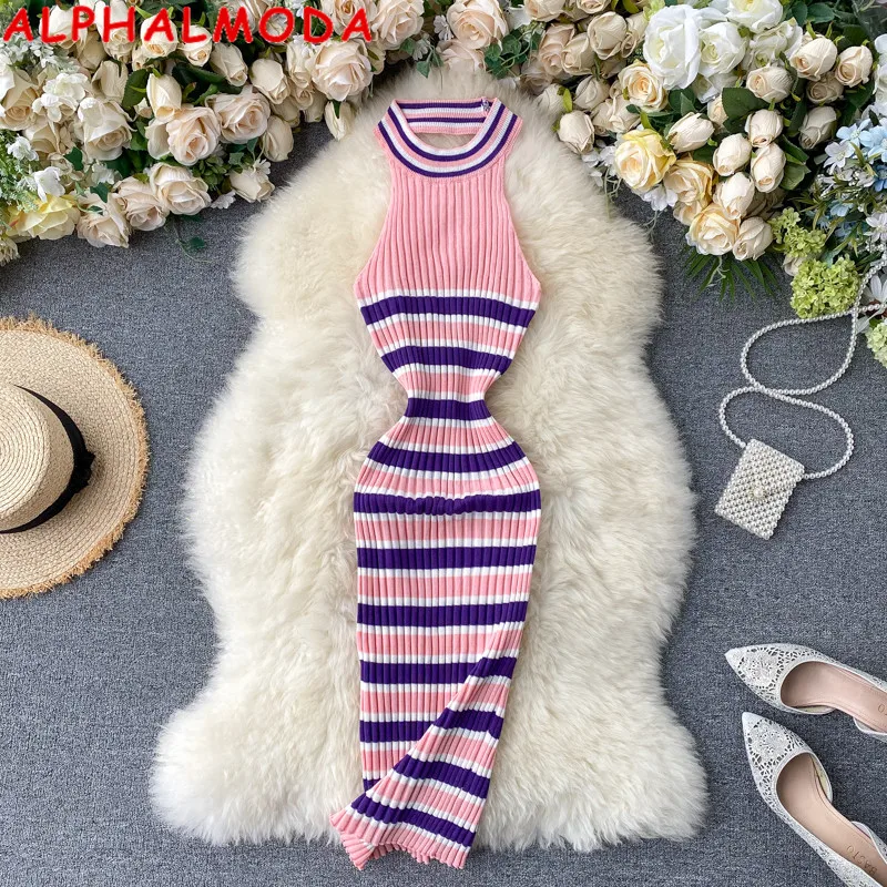 Женское трикотажное платье ALPHALMODA в полоску с открытой спиной без рукавов для