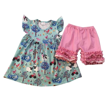 

girls summer shorts set with farm pattern green color with icing short pant outfits