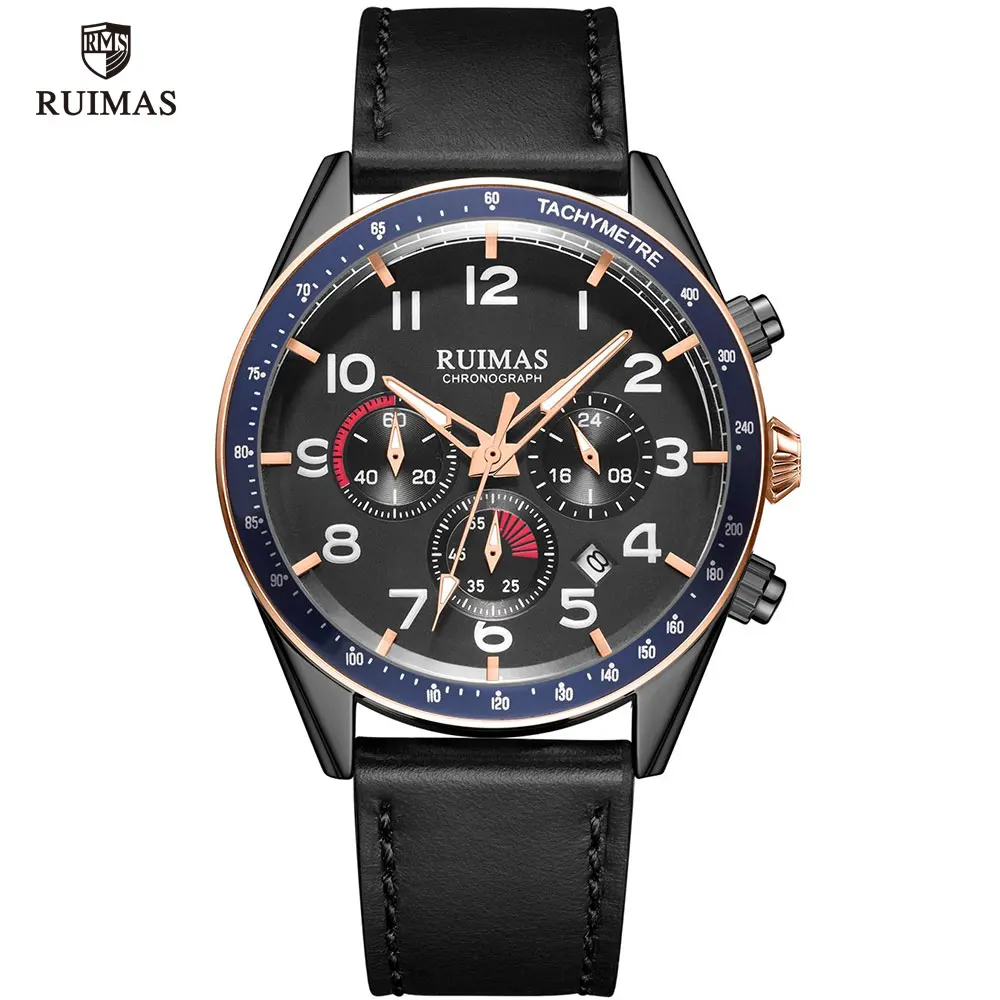 RL574G-Black blue Мужские часы RUIMAS от ведущего бренда, Роскошные военные наручные часы с кожаным ремешком, модные повседневные спортивные часы с хронографом, Relogio 574 - Цвет: RL574G-Black blue