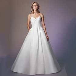 A Line Spaghetti Strap Wedding Dresses Floor-Length Strapless Dress Sleeveless White Bridal Gowns with High Quality Satin 2022