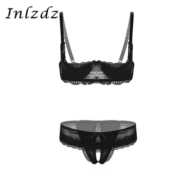 

Women Lace Lingerie Set Adjustable Spaghetti Shoulder Straps 1/4 Cup Unlined Shelf Bra with Low Rise Crotchless Briefs Underwear