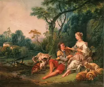 

4 Handmade Art Paintings by Teachers - shepherd lovers François Boucher French landscape Rococo - Oil Painting on Canvas