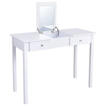

High Quality Sturdy Wood Vanity Dressing Table 1 Flip-up Mirror and 2 Drawers Classic White Appearance Bedroom Furniture HW56631