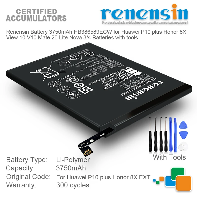 

Renensin Battery 3750mAh HB386589ECW for Huawei P10 plus Honor 8X View 10 V10 Mate 20 Lite Nova 3/4 Batteries with tools