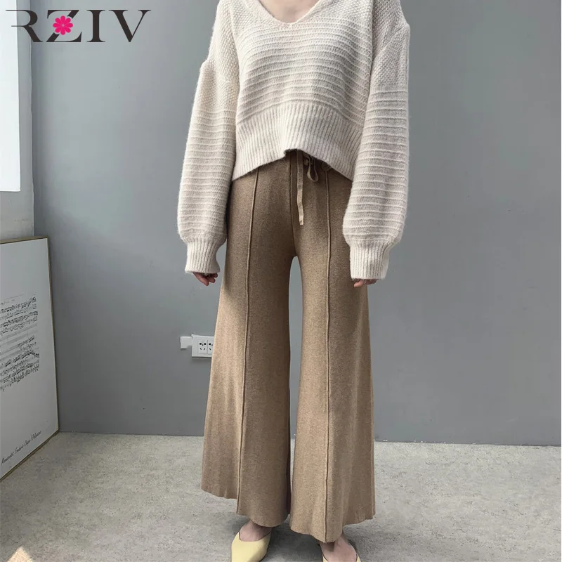 

RZIV Autumn and winter women's trousers casual solid color button decorative knit wide leg pants