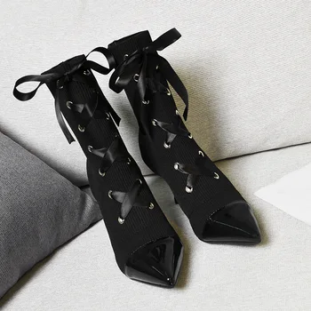 

2020 autumn and winter new pointed toe stiletto heel thin legs women's short boots with front lace mid-tube socks boots women