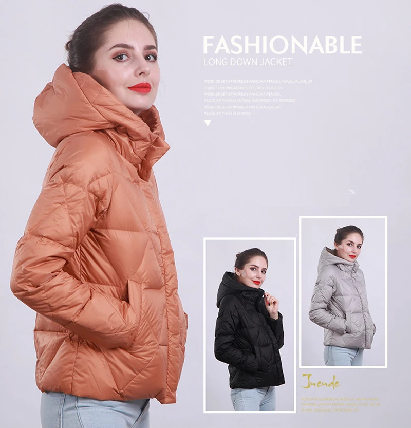 YNZZU Elegant Women's Down Jacket Winter Solid 90% White Duck Down Coat Warm Hooded Office Lady Short Fluffy Jacket A1281