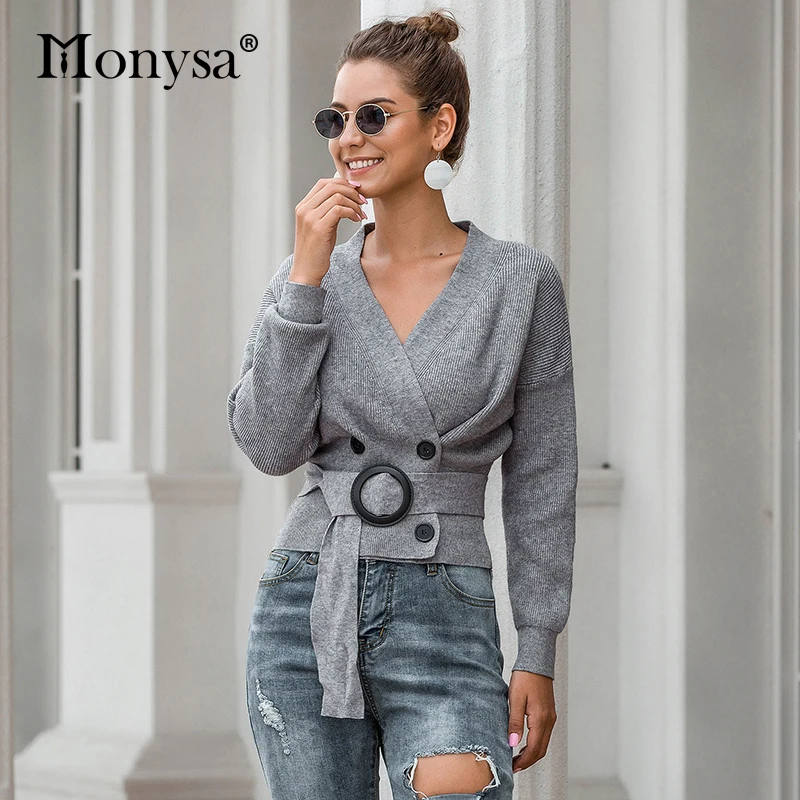 Women Sweaters And Pullovers 2020 Fashion Slim Waist Buttons Long Sleeve Pullover Knitted Sweater Gray Khaki White Black | Женская