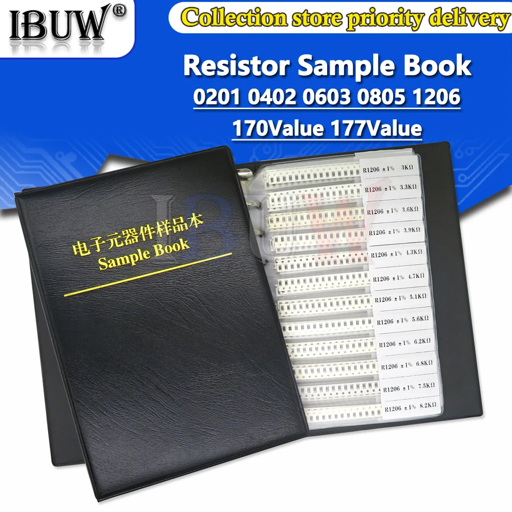 4250 шт. 8500 8850 шт. 0201 0402 0603 0805 1206 образец резистора книга ibuw 1% SMD смешанный набор 10K 100K 1K 1R 100R 220R
