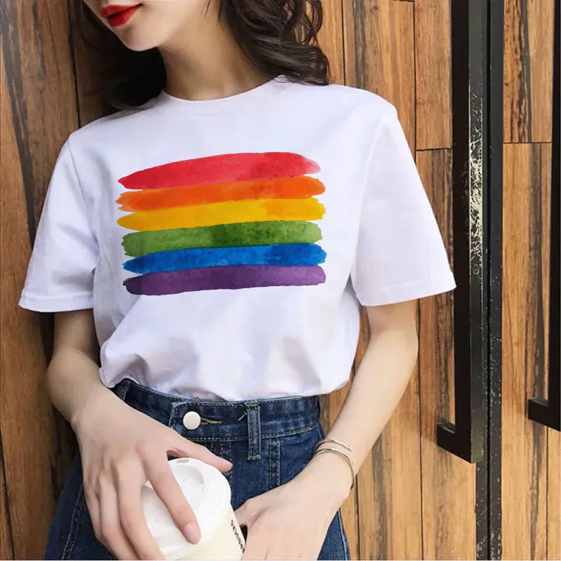 Graphic Rainbow Pattern Tee Shirt Womens Casual Fashion Loose T Ladies Simple Tshirt Tops Female Clothes White T-shirt | Женская одежда