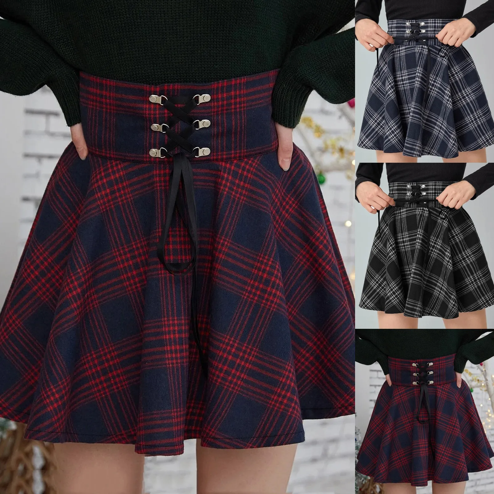Falda de verano a cuadros para mujer, Falda plisada de cintura alta con costura para estudiantes, Retro Punk con cremallera, minifalda bonita de baile para chicas